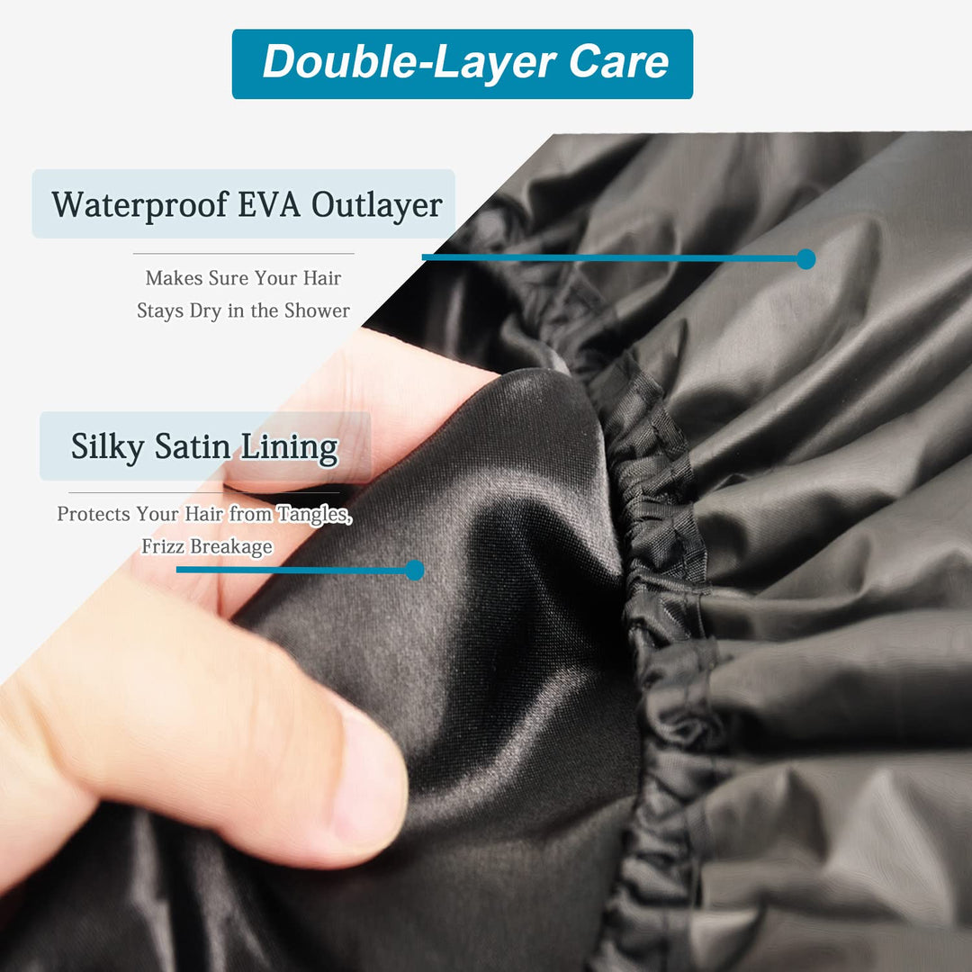 3 Pcs Super Jumbo Adjustable Satin Lined Shower Caps for Long Hair & Braids, Extra Large Shower Cap for Women & Men, Reusable XL with Waterproof Edge for Dreadlocks, Locs (Black) - PHamily Hair Care 
