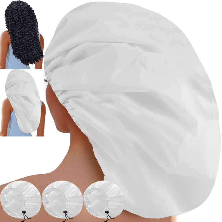 3 Pcs Super Jumbo Adjustable Satin Lined Shower Caps for Long Hair & Braids, Extra Large Shower Cap for Women & Men, Reusable XL with Waterproof Edge for Dreadlocks, Locs (Black) - PHamily Hair Care 