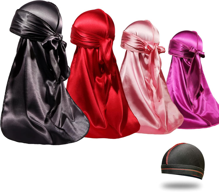 4PCS Silky Durags for Men Women 360 Waves with 1 Wave Cap, Silky Satin Durag Extra Long Tails - PHamily Hair Care 