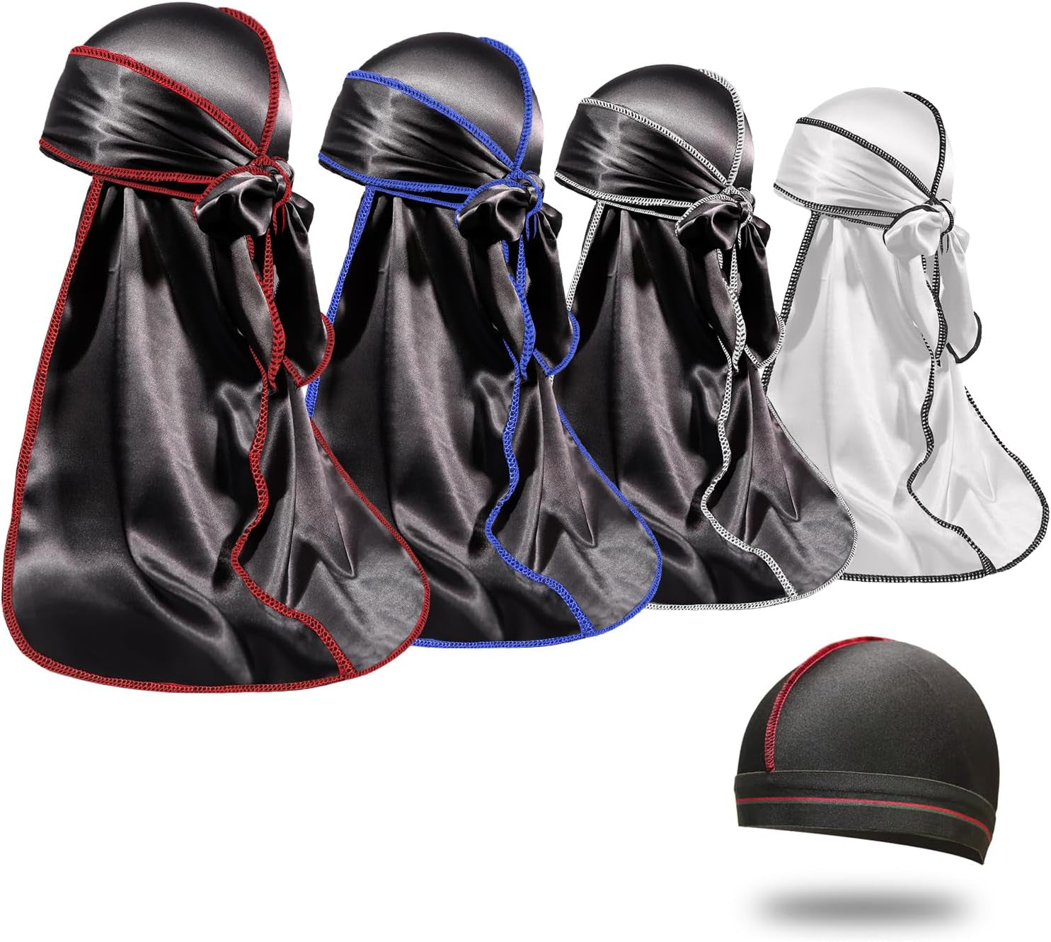 4PCS Silky Durags for Men Women 360 Waves with 1 Wave Cap, Silky Satin Durag Extra Long Tails - PHamily Hair Care 