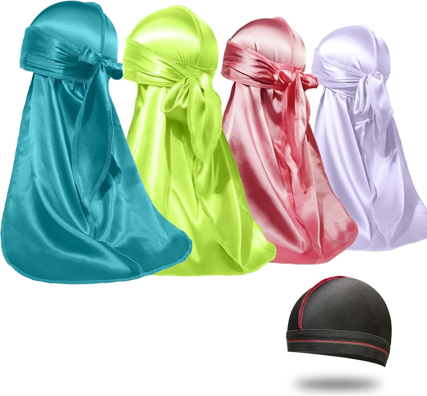 4PCS Silky Durags for Men Women 360 Waves with 1 Wave Cap, Silky Satin Durag Extra Long Tails - PHamily Hair Care 