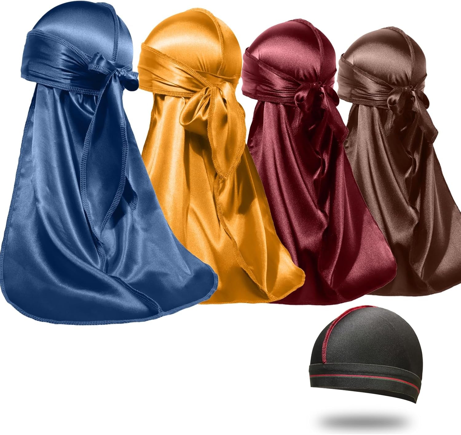 4PCS Silky Durags for Men Women 360 Waves with 1 Wave Cap, Silky Satin Durag Extra Long Tails - PHamily Hair Care 