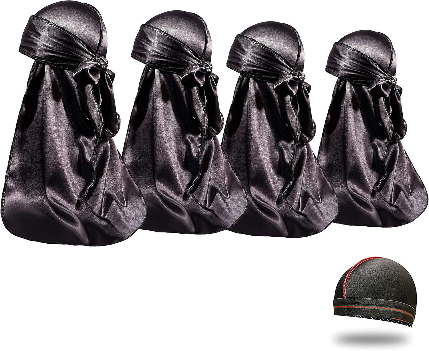 4PCS Silky Durags for Men Women 360 Waves with 1 Wave Cap, Silky Satin Durag Extra Long Tails - PHamily Hair Care 