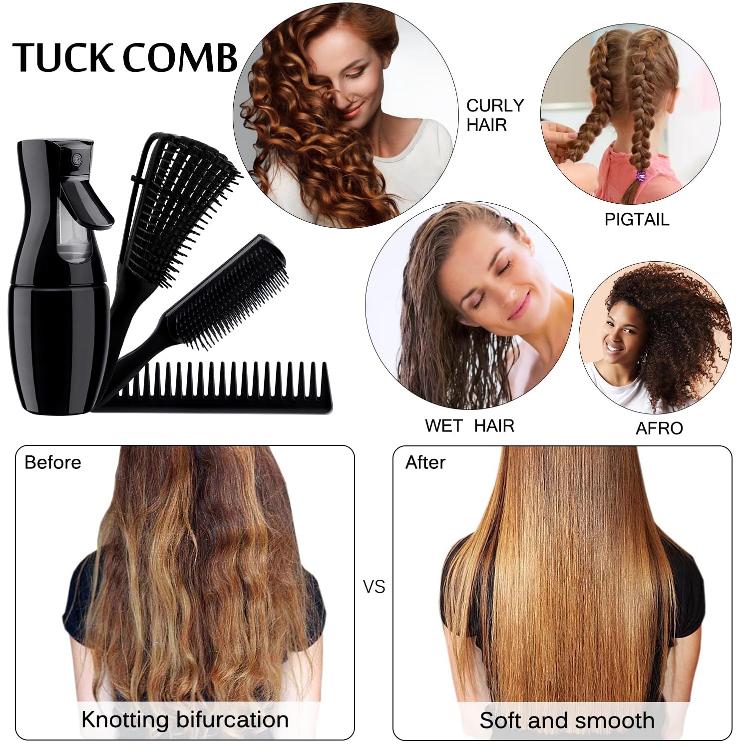 4Pcs Curly Hair Brush Set for Adult & Kids Wet or Dry, Detangling Brush for 3/4ABC Hair with Detangler Spray Bottle & Wide Tooth Comb (3+1, Black) - PHamily Hair Care 