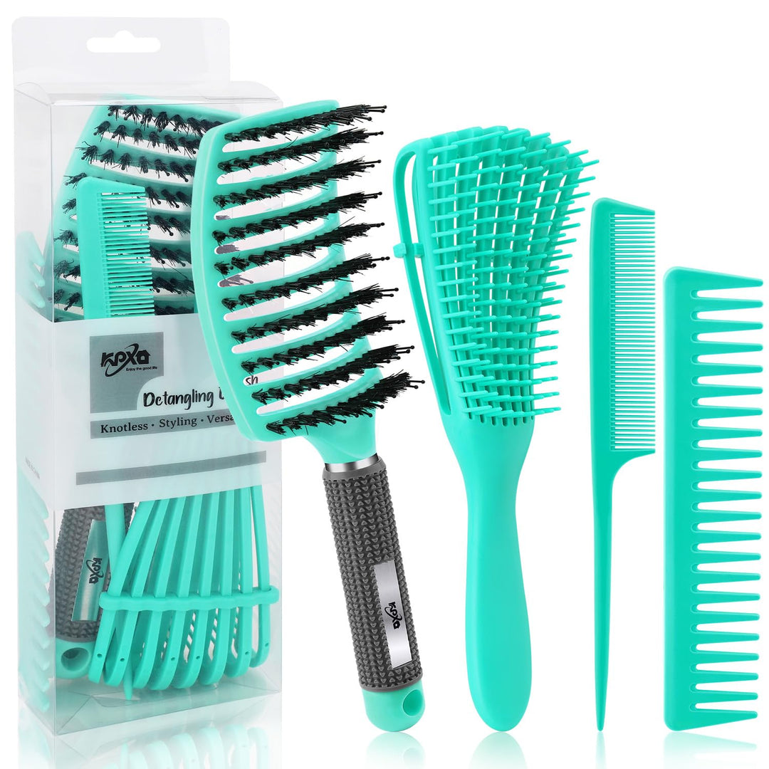 4Pcs Curly Hair Brush Set for Adult & Kids Wet or Dry, Detangling Brush for 3/4ABC Hair with Detangler Spray Bottle & Wide Tooth Comb (3+1, Black) - PHamily Hair Care 