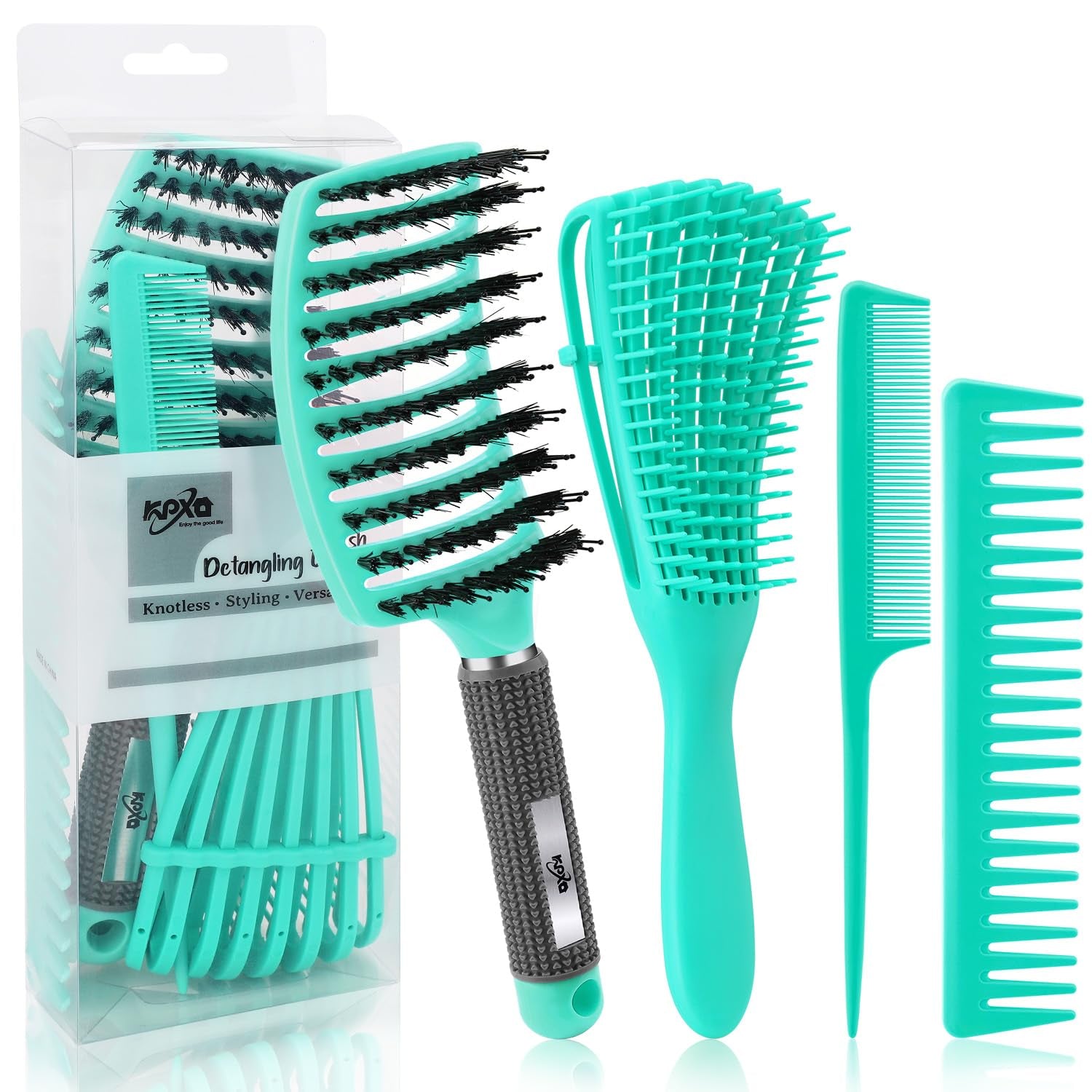 4Pcs Curly Hair Brush Set for Adult & Kids Wet or Dry, Detangling Brush for 3/4ABC Hair with Detangler Spray Bottle & Wide Tooth Comb (3+1, Black) - PHamily Hair Care 