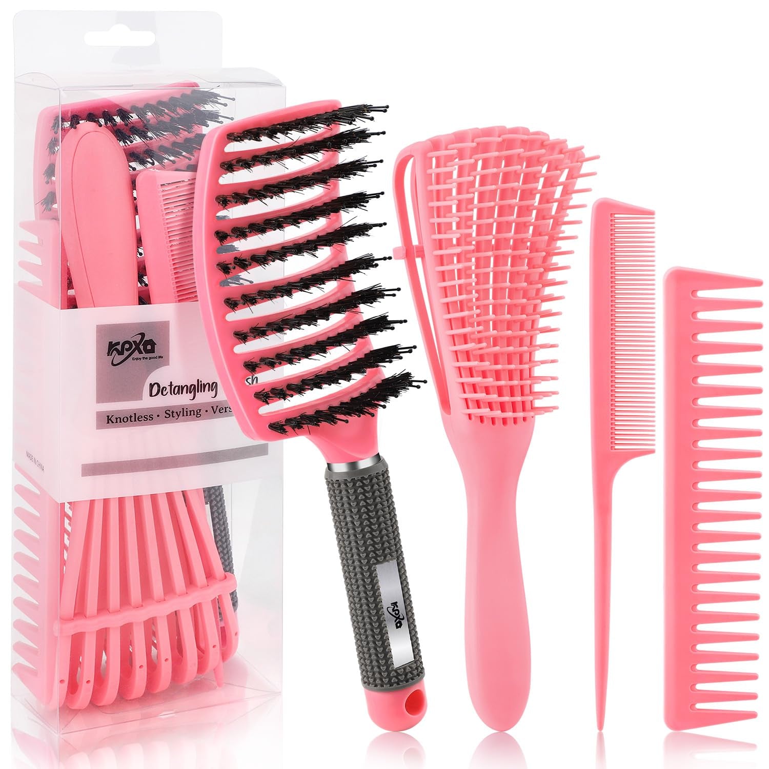 4Pcs Curly Hair Brush Set for Adult & Kids Wet or Dry, Detangling Brush for 3/4ABC Hair with Detangler Spray Bottle & Wide Tooth Comb (3+1, Black) - PHamily Hair Care 