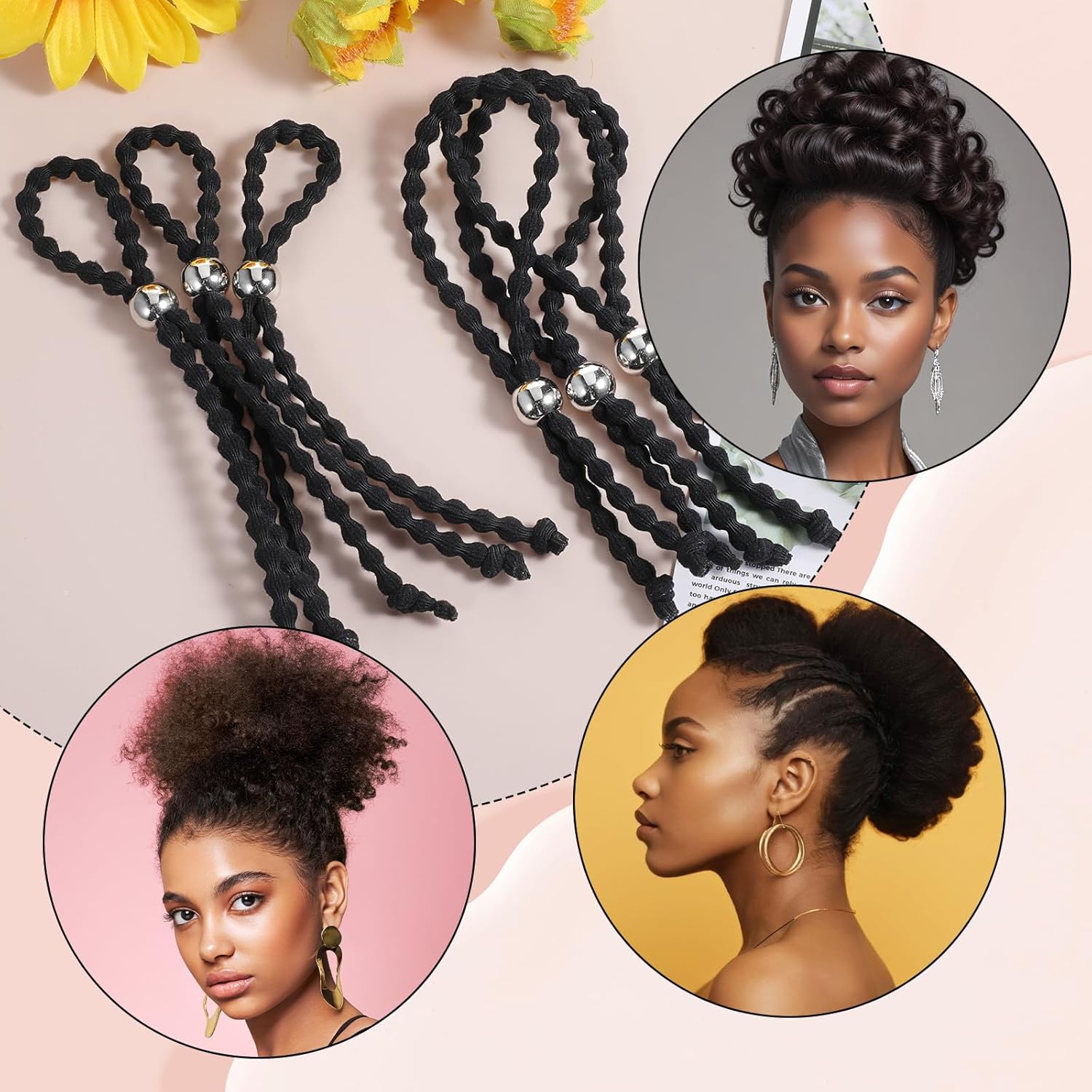 6Pcs Beaded No-Slip Hair Ties for Natural Curly, Adjustable Afro Puff Cuff Drawstring Ponytail Holder, Black Elastic Hair Scrunchies, Large Hair Ties for Women Thick Pineapple Kinky Braids Hair Bands - PHamily Hair Care 