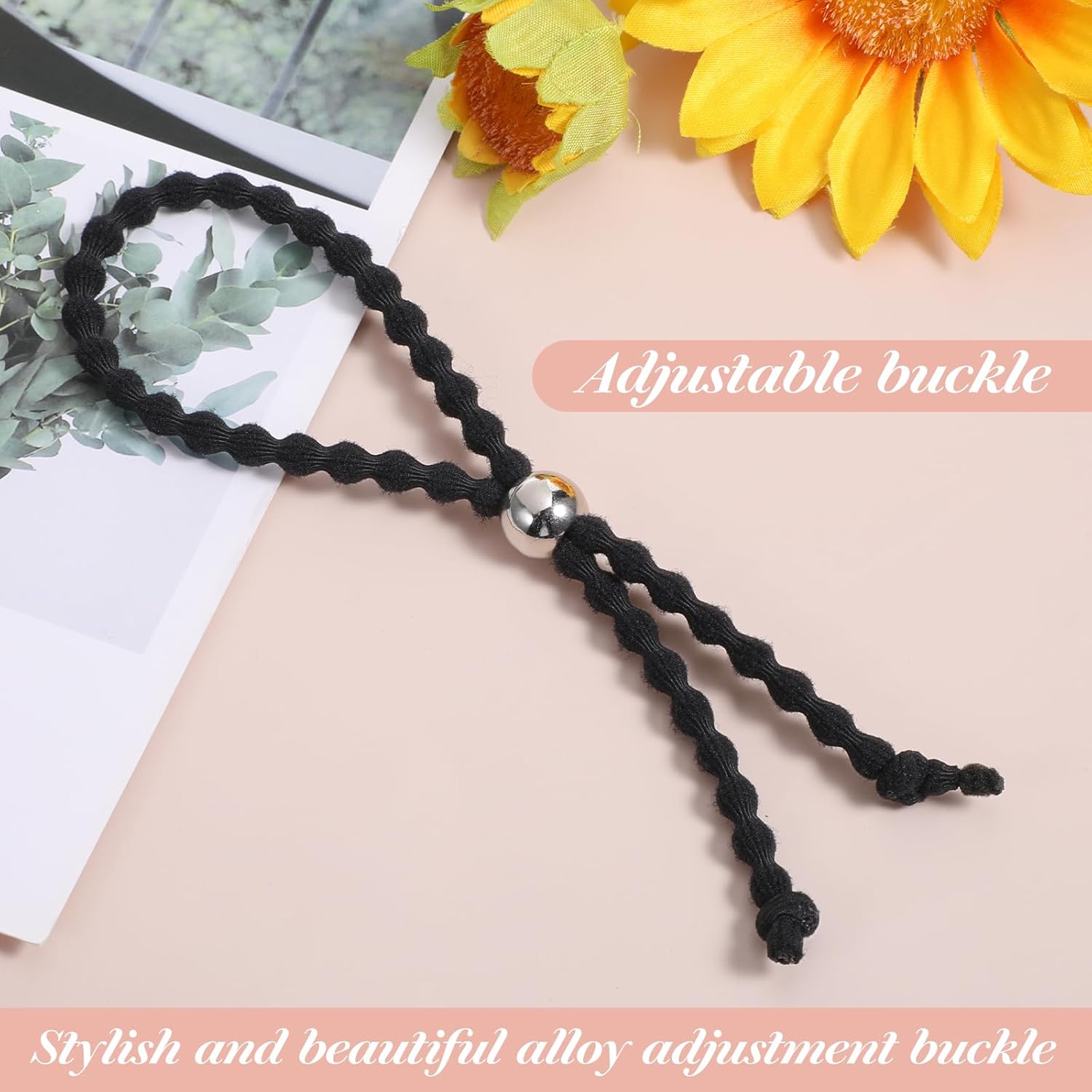 6Pcs Beaded No-Slip Hair Ties for Natural Curly, Adjustable Afro Puff Cuff Drawstring Ponytail Holder, Black Elastic Hair Scrunchies, Large Hair Ties for Women Thick Pineapple Kinky Braids Hair Bands - PHamily Hair Care 