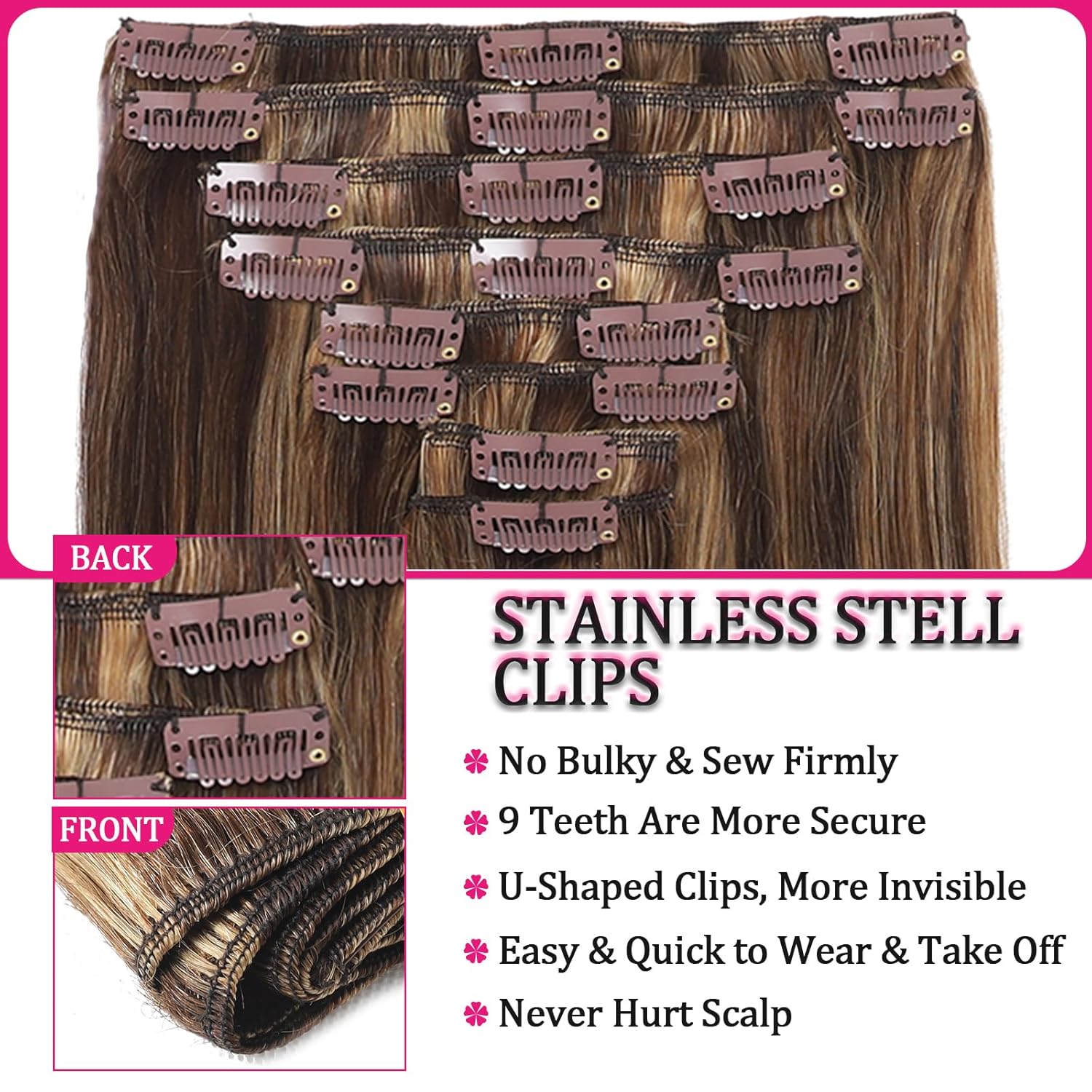 Hair Extension Clip-Ins - Real Human Hair Extensions 120G 8Pcs 18Inch,Soft & Natural Straight Double Weft for Women #P427 Chocolate Brown to Honey Blonde Extensions Real Human Hair Clip Ins