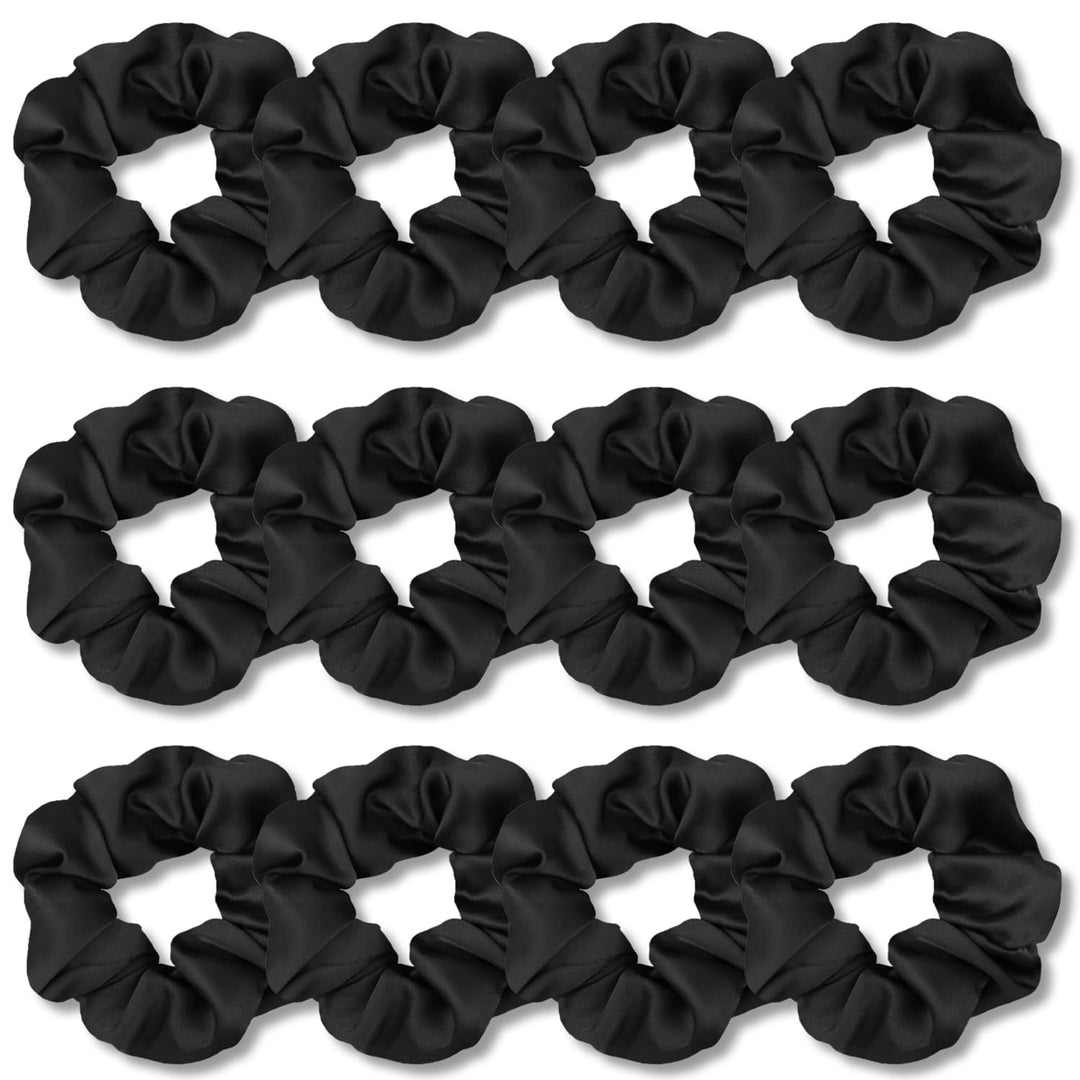 Satin Scrunchies for Hair Sleep, Premium Satin Softer than Silk for Women Curly Hair, Cute Bands Ties for Girls Thin | Thick Hair Styling, 12 Pack, Black - PHamily Hair Care 