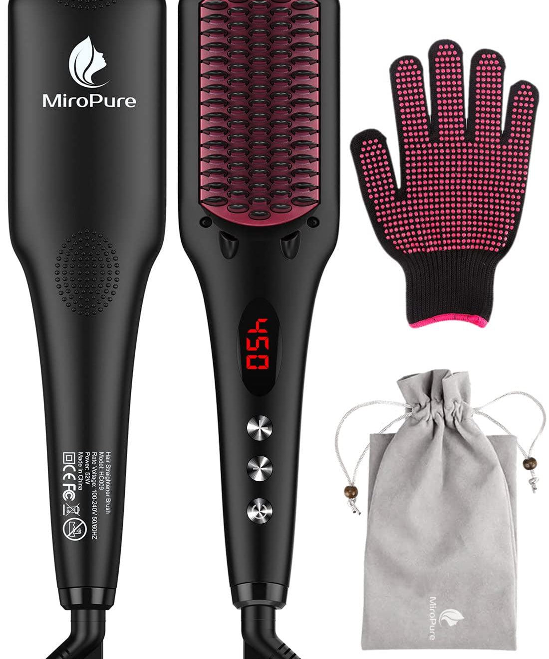 Enhanced Ceramic Hair Straightener Brush by MiroPure, 2-in-1 Ionic Straightening Brush 